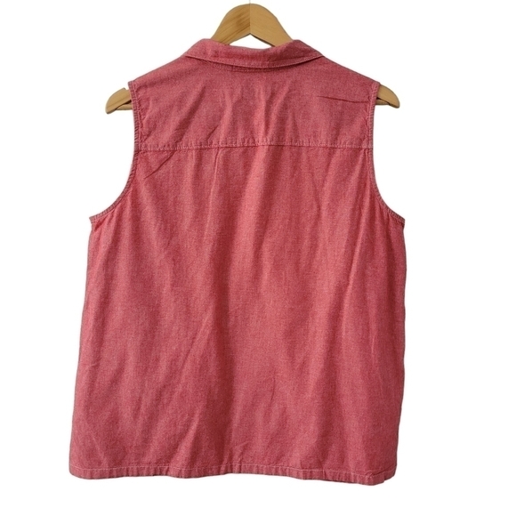 PINK Sleeveless Blouse Cotton Button Up Embroidered Collared Tank LG - Picture 2 of 7